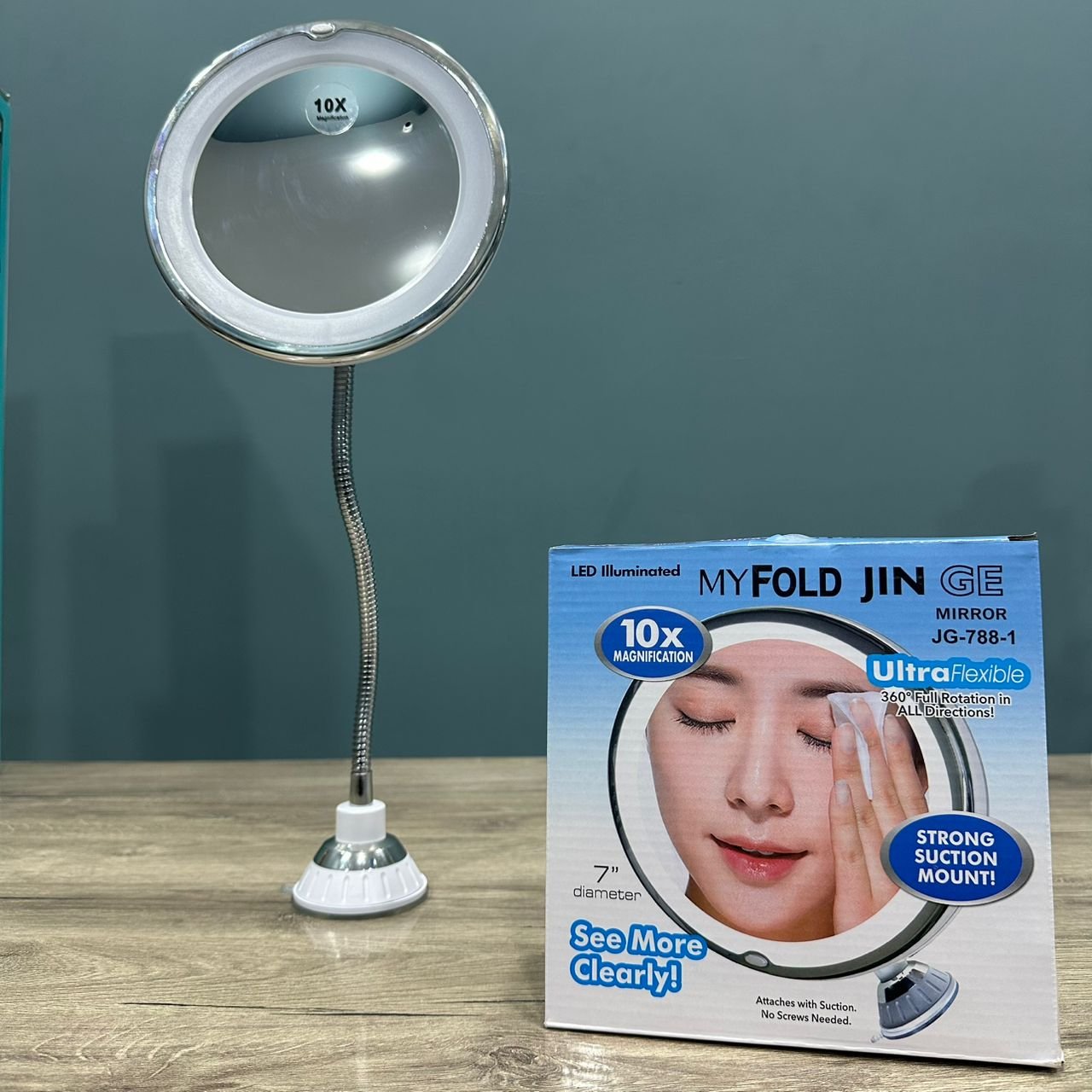 MIROIR GROSSISSANT MY FOLD JIN GE JG-788 AUTO ZOME X10 LUMINEUX AVEC PILES ROTATION 360 17.75 CM CHROME